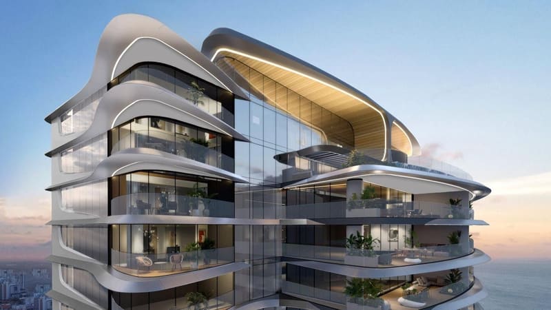 Render of the curved amenity levels at the base of the towers