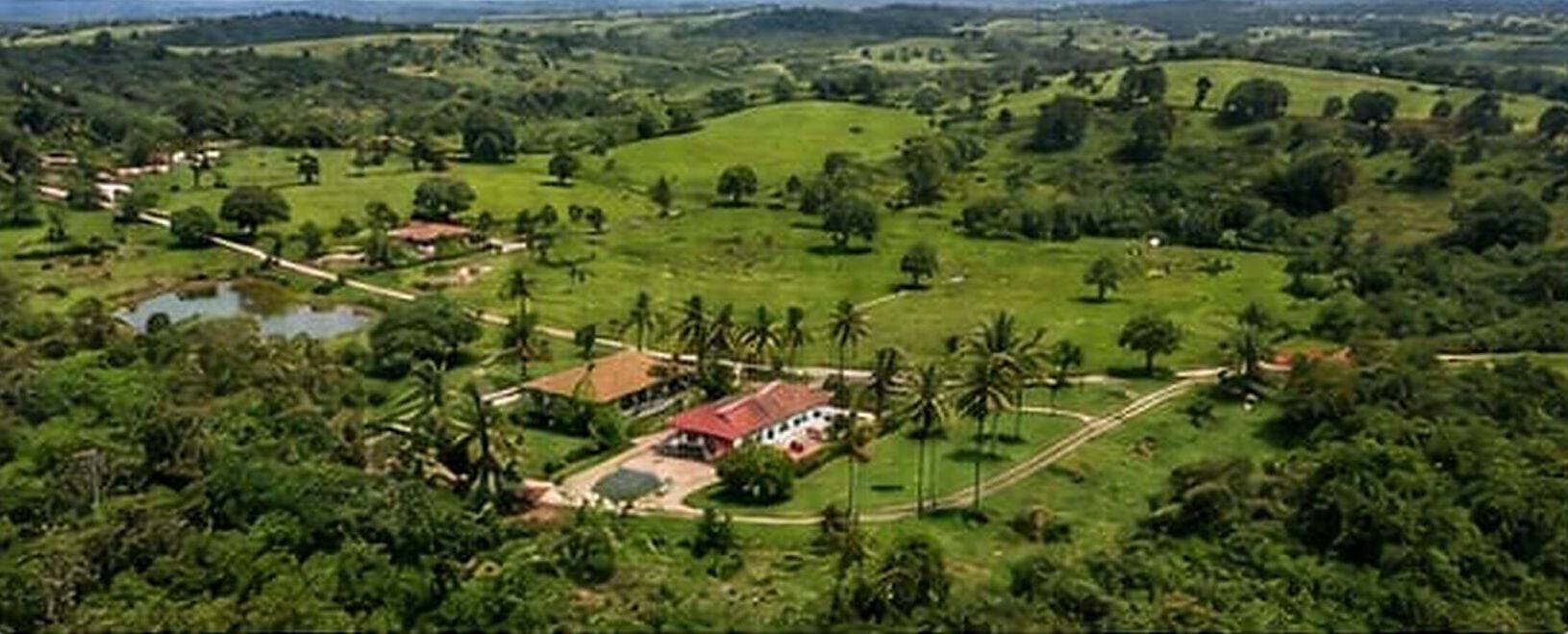 Aerial view of the farm, its pastures and the lake