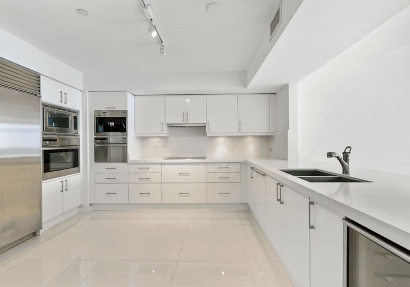 Kitchen with white cabinetry and built-in appliances