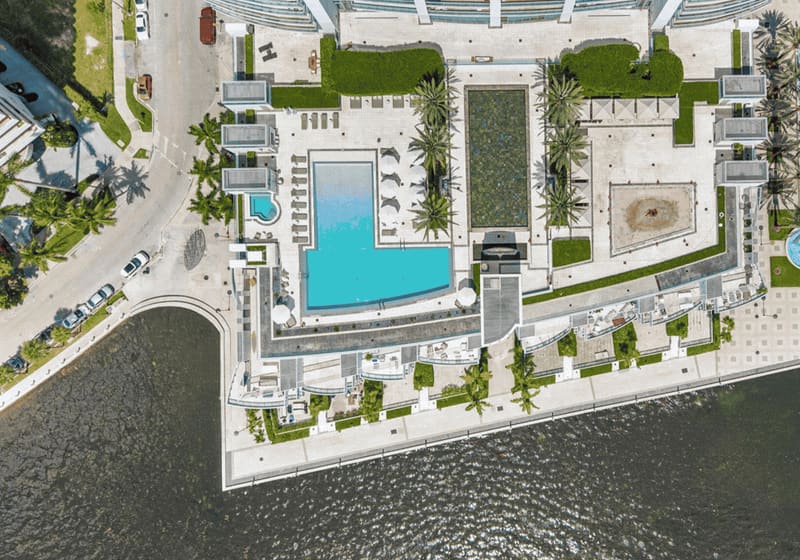 Aerial view of the pool deck on Biscayne Bay