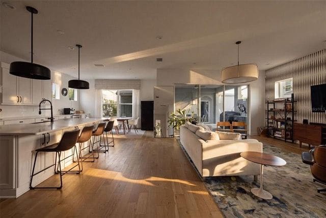 Open kitchen, dining and living area