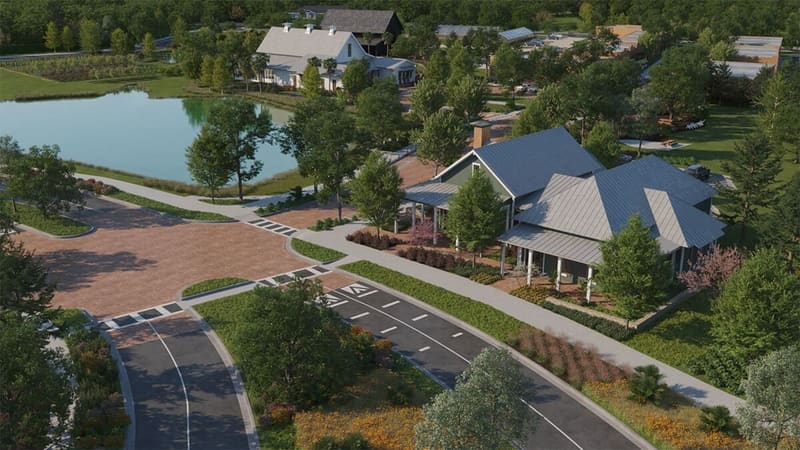 Illustrative aerial rendering of the community centre and lake