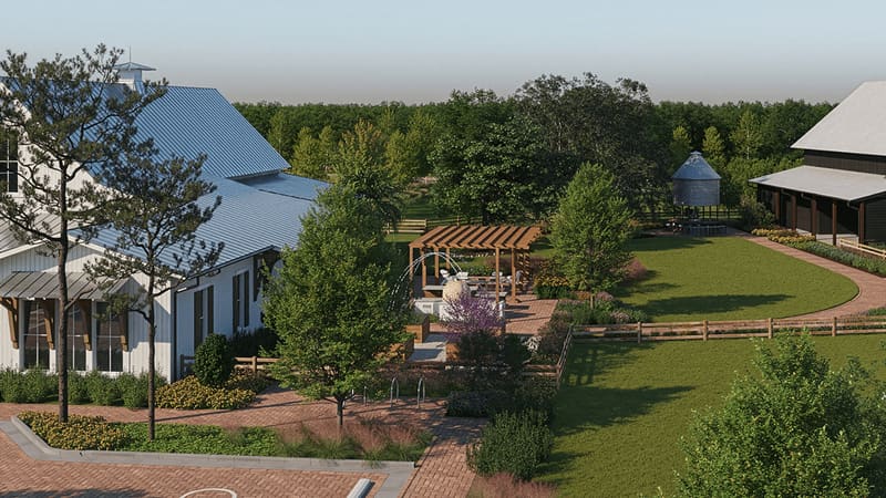 Illustrative rendering of the planned amenity lawn and barns