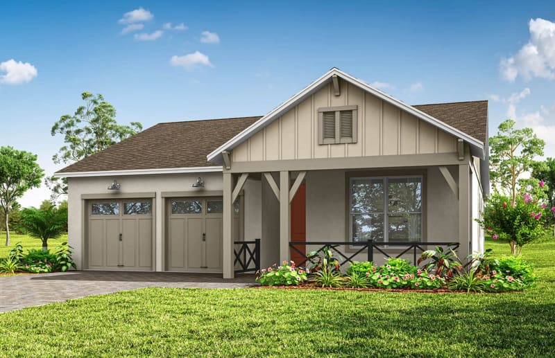 Illustrative rendering of a single-storey farmhouse-style home