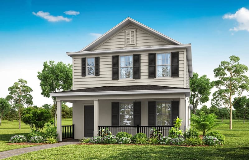 Illustrative rendering of a two-storey bungalow with wraparound porch