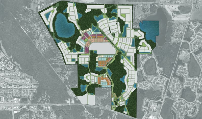 Community site plan of The Grow, with lakes and preserved woodland